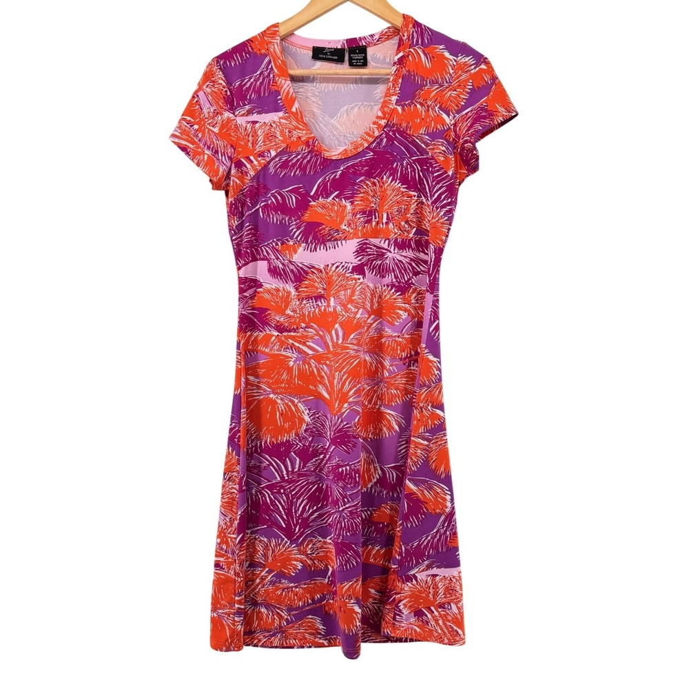 Nina Leonard Womens Tropical Palm Print Empire Waist Dress Purple Orange‎ Small